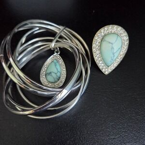 Samantha Wills Bohemian Bardot Turquoise Teardrop Ring Bangle Set Silver Pave